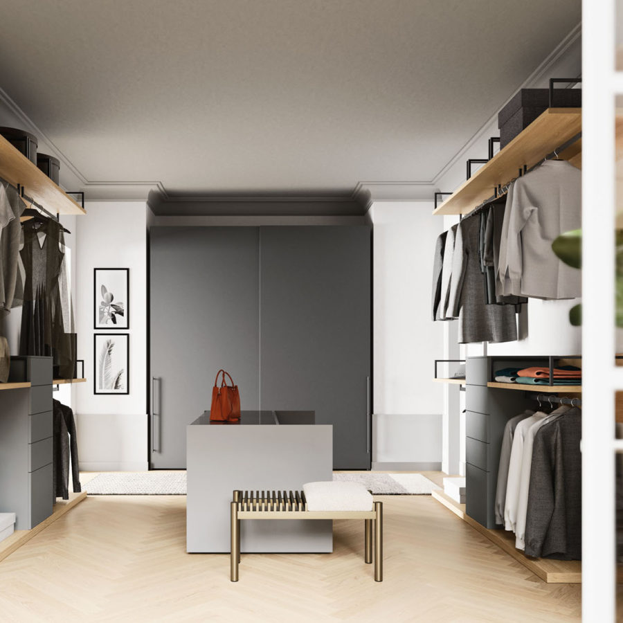 Alea walk-in closet sliding wardrobe with Liscia door and M34 handle Orme